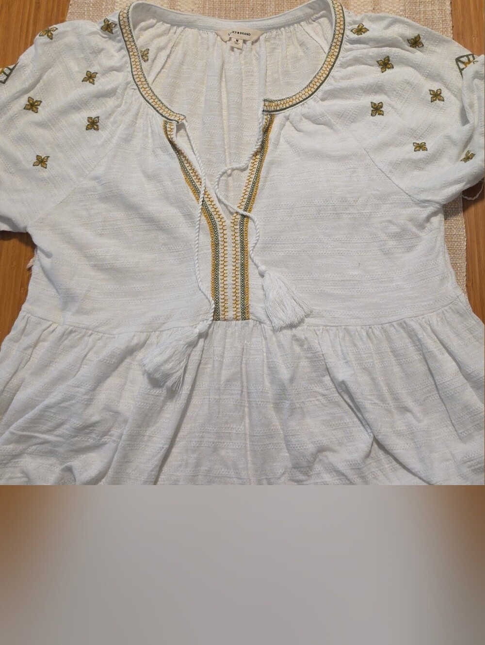 Lucky Brand White Peasant Tunic with Gold Embroidery